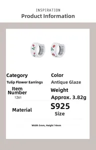 Macro detail of tulip enamel S925 silver earrings with dimensions and S925 stamp