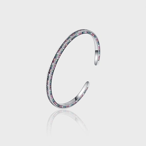 Close-up of S925 sterling silver open cuff bracelet with rainbow zircon stones