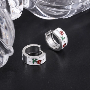 Elegant S925 sterling silver hoop earrings with white enamel and red tulip patterns