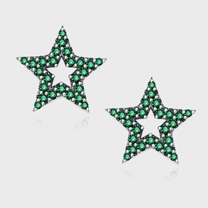 Retro 925 Sterling Silver Star Stud Earrings Distressed Geometric Inlaid Green Rhinestone Jewelry For Women