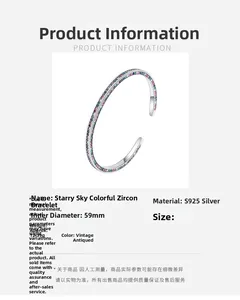 Detailed specs of S925 silver cuff bracelet with rainbow zircons, 59mm diameter