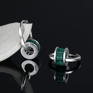Elegant S925 silver hoop earrings with rectangular emerald green cubic zirconia charms