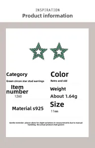 Macro detail of S925 silver star earrings with green zircon pave in vintage finish