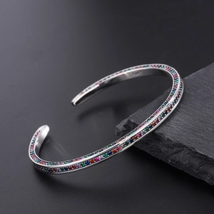 S925 sterling silver open cuff bracelet with vibrant rainbow pavé zircon stones
