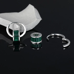 Elegant S925 silver hoop earrings featuring detachable green gemstone cylinder charms