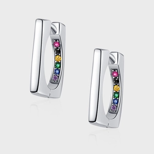 S925 Sterling Silver Geometric Rectangular Hoop Earrings Rainbow Rhinestone Inlaid Fashion Ear Buckle Jewelry For Women