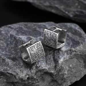 Vintage sterling silver square hoop earrings with auspicious cloud texture and matte finish
