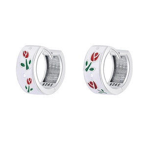 S925 sterling silver hoop earrings with white enamel and tulip flower pattern
