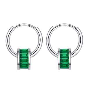 Elegant S925 silver hoop earrings with emerald green rectangular gemstones on a small pendant