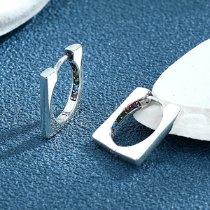 S925 sterling silver geometric rectangular hoop earrings with colorful rainbow gemstones