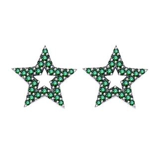 S925 sterling silver vintage star stud earrings with pave-set green cubic zirconia