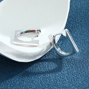 Elegant S925 sterling silver rectangular hoop earrings with colorful rainbow zircons set