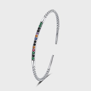 S925 Sterling Silver Vintage Engraved Open Bangle For Women Niche Design Rainbow Rhinestone Light Luxury Bracelet Jewelry