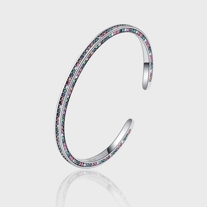 925 Sterling Silver Rainbow Zirconia Open Bangle For Women Luxury Colorful Gradient Pave Cubic Zirconia Refined Finger Jewelry Gift