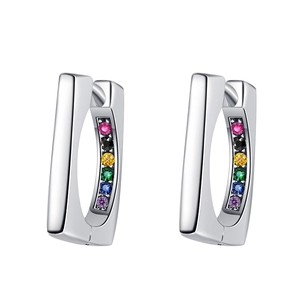 S925 sterling silver geometric rectangular hoop earrings with colorful rainbow gemstones