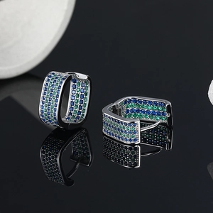 S925 sterling silver square hoop earrings with blue and green micro-pave zircons