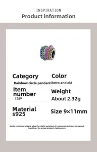 Detailed view of S925 sterling silver rainbow charm bead with colorful zircons