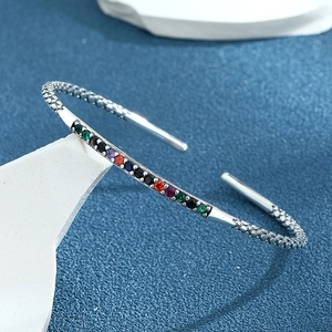 S925 sterling silver open bangle with colorful gemstones and textured fish scale patterns