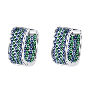 S925 silver U-shaped hoop earrings with blue and green zircon micro-pave crystals