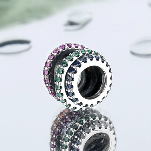 925 silver wheel charm featuring three rows of colorful zircon stones in a polished finish