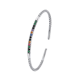 Vintage S925 sterling silver open bangle with hammered texture and rainbow gemstones
