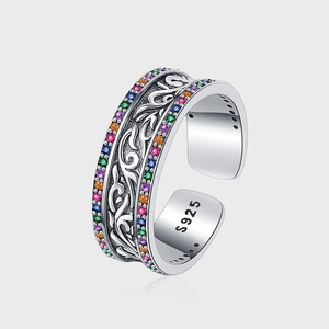 S925 Sterling Silver Vintage Scroll Vine Open Ring For Women Men Pave Rhinestone Colorful Stones Adjustable Fashion Jewelry Ring