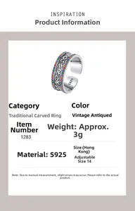 Detailed macro view of S925 sterling silver vintage floral ring with inlaid color stones