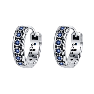 S925 sterling silver hoop earrings featuring blue round crystals and twisted rope edges