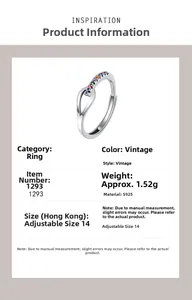 Detailed specs for S925 silver adjustable heart ring with rainbow gemstones and retro finish