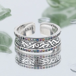 Vintage S925 sterling silver open ring with floral engravings and colorful stones