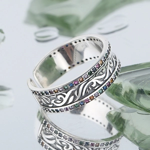 S925 sterling silver open ring with vintage floral engraving and rainbow zircon inlay