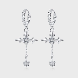 925 Sterling Silver Gothic Cross Tassel Drop Earrings Vintage Rhinestone Fleur De Lis Pendant Luxury Women Earrings