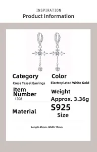 Detail specifications of S925 sterling silver cross tassel earrings with size and weight info
