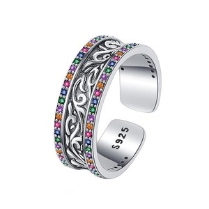 S925 sterling silver open ring with vintage vine relief and colorful gemstones