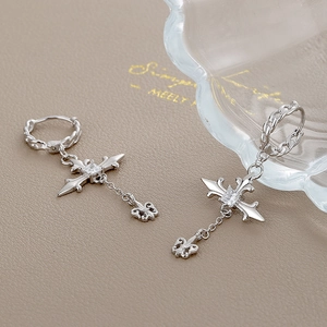S925 sterling silver gothic cross hoop earrings with tassel and square zircon stone