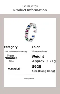 Detail view of S925 silver vintage ring with colorful zircon and size specifications