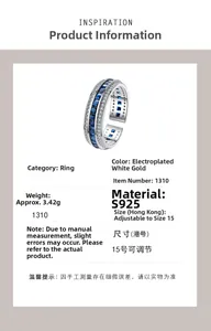 Detail view of S925 sterling silver ring with blue square-cut gemstones and white zircons