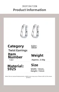 Detailed size specifications of minimalist S925 sterling silver twisted U-shaped hoop earrings