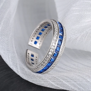 S925 sterling silver ring with blue square zircons and micro-pave diamond details