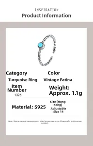 Details zum S925 Sterlingsilber Türkis Ring mit gehämmerter Vintage-Oberfläche