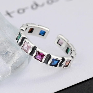 Vintage S925 sterling silver open ring with square colorful rainbow zircon stones