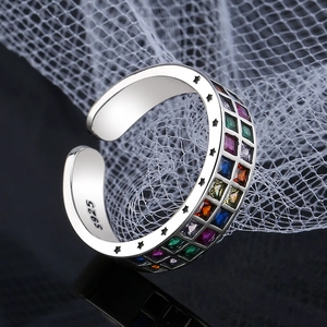 S925 sterling silver ring with colorful square zircon and engraved stars decoration