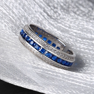 S925 silver ring with three rows of blue sapphires and white cubic zirconia diamonds