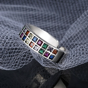 S925 sterling silver open ring with double row of square multi-colored cubic zirconia