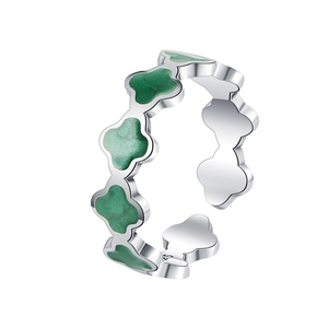 Bague ouverte minimaliste en argent S925 avec motifs de trèfle à quatre feuilles vert