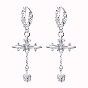 S925 sterling silver cross earrings with fleur-de-lis tassel and cubic zirconia stones