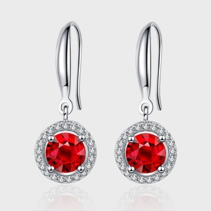 925 Sterling Silver Round Red Rhinestone Drop Earrings For Women Elegant Halo Pendant Earrings Wedding Party Jewelry