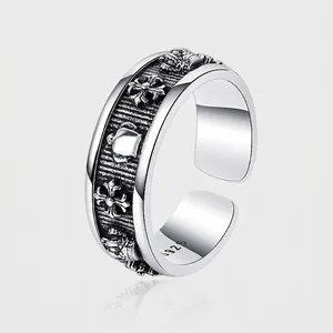 Thai Silver Vintage 925 Sterling Silver Crown Open Ring For Men Women Gothic Cross Pattern Oxidized Punk Jewelry Finger Ring