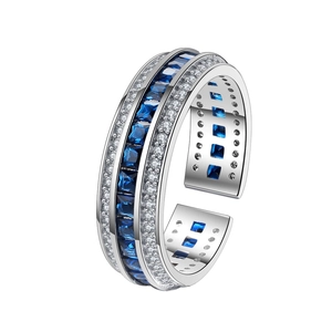 Adjustable S925 silver ring with blue square crystals and pavé white diamonds