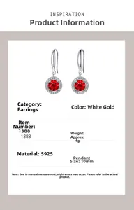 Macro shot of S925 silver round garnet red drop earrings with detailed size specifications